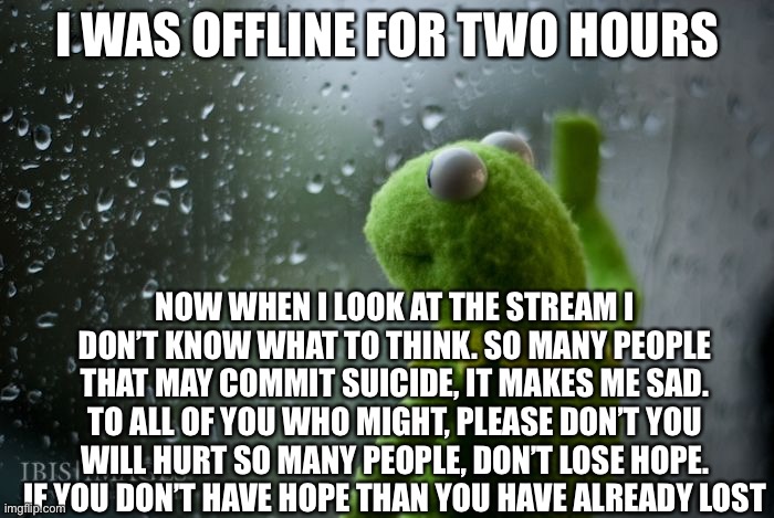 To any of you who may commit suicide, please read this if you are still with us. I beg you | I WAS OFFLINE FOR TWO HOURS; NOW WHEN I LOOK AT THE STREAM I DON’T KNOW WHAT TO THINK. SO MANY PEOPLE THAT MAY COMMIT SUICIDE, IT MAKES ME SAD. TO ALL OF YOU WHO MIGHT, PLEASE DON’T YOU WILL HURT SO MANY PEOPLE, DON’T LOSE HOPE. IF YOU DON’T HAVE HOPE THAN YOU HAVE ALREADY LOST | image tagged in im begging you,please | made w/ Imgflip meme maker