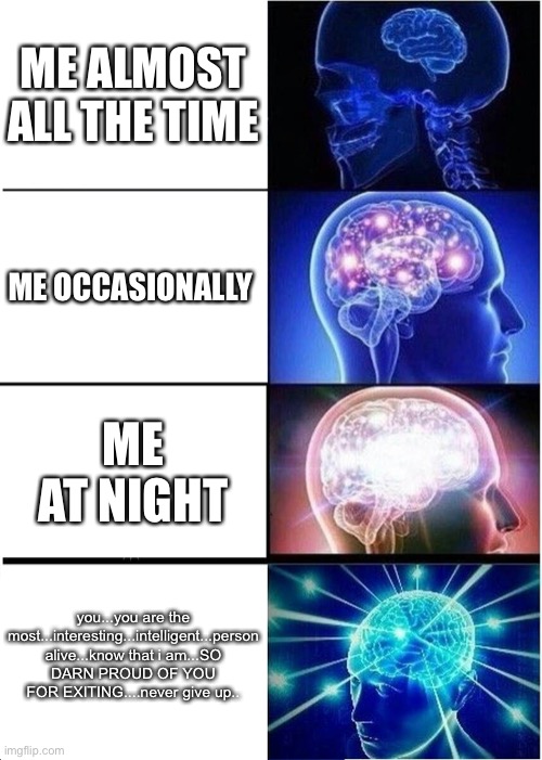 hope this makes you feel better | ME ALMOST ALL THE TIME; ME OCCASIONALLY; ME AT NIGHT; you...you are the most...interesting...intelligent...person alive...know that i am...SO DARN PROUD OF YOU FOR EXITING....never give up.. | image tagged in memes,expanding brain | made w/ Imgflip meme maker