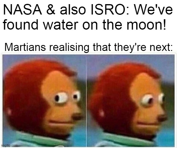 and You're next... | NASA & also ISRO: We've found water on the moon! Martians realising that they're next: | image tagged in memes,monkey puppet,martians | made w/ Imgflip meme maker