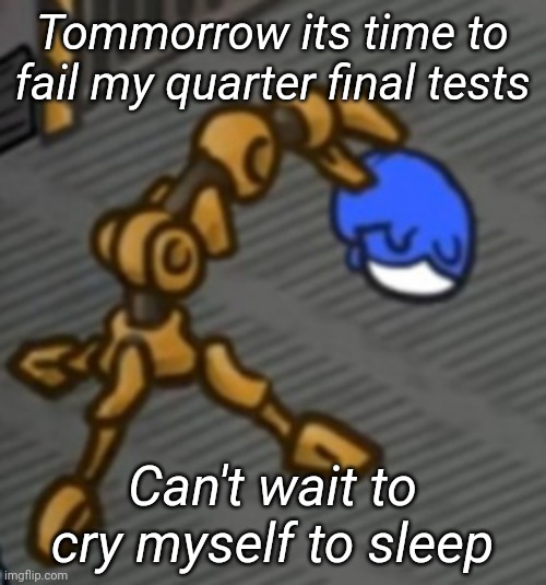 Tommorrow its time to fail my quarter final tests; Can't wait to cry myself to sleep | image tagged in memoriesofchurch | made w/ Imgflip meme maker