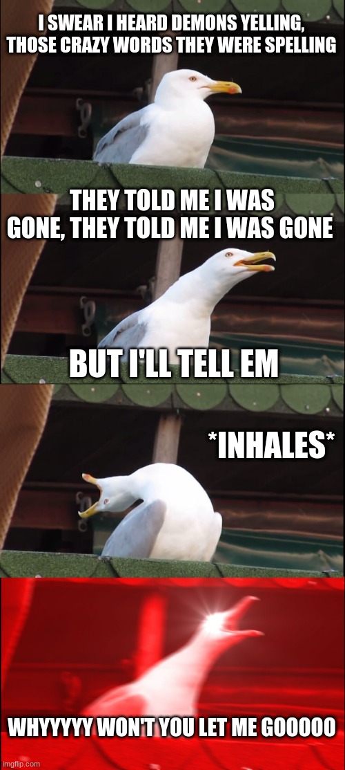 hØw emØs exercise | I SWEAR I HEARD DEMONS YELLING, THOSE CRAZY WORDS THEY WERE SPELLING; THEY TOLD ME I WAS GONE, THEY TOLD ME I WAS GONE; BUT I'LL TELL EM; *INHALES*; WHYYYYY WON'T YOU LET ME GOOOOO | image tagged in memes,inhaling seagull | made w/ Imgflip meme maker