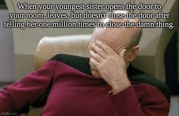 Sisters... | When your youngest sister opens the door to your room, leaves, but doesn't close the door after telling her one million times to close the damn thing. | image tagged in memes,captain picard facepalm | made w/ Imgflip meme maker