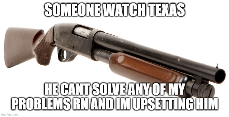 Please | SOMEONE WATCH TEXAS; HE CANT SOLVE ANY OF MY PROBLEMS RN AND IM UPSETTING HIM | image tagged in savage pump shotgun | made w/ Imgflip meme maker