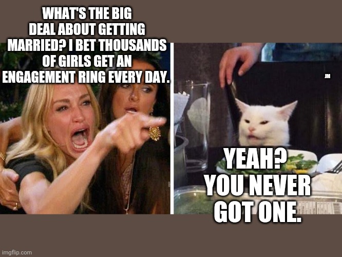 Smudge the cat | WHAT'S THE BIG DEAL ABOUT GETTING MARRIED? I BET THOUSANDS OF GIRLS GET AN ENGAGEMENT RING EVERY DAY. JM; YEAH?  YOU NEVER GOT ONE. | image tagged in smudge the cat | made w/ Imgflip meme maker