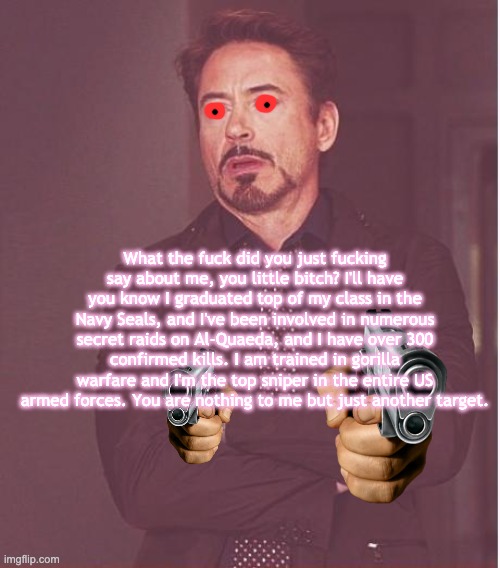 Face You Make Robert Downey Jr Meme | What the fuck did you just fucking say about me, you little bitch? I'll have you know I graduated top of my class in the Navy Seals, and I've been involved in numerous secret raids on Al-Quaeda, and I have over 300 confirmed kills. I am trained in gorilla warfare and I'm the top sniper in the entire US armed forces. You are nothing to me but just another target. | image tagged in memes,face you make robert downey jr | made w/ Imgflip meme maker