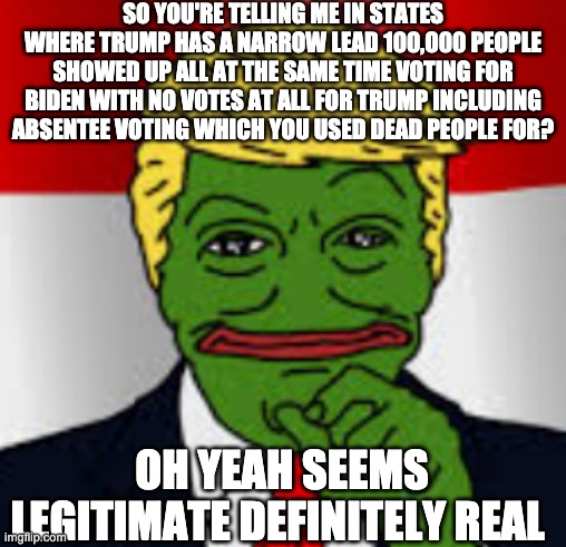 SO YOU'RE TELLING ME IN STATES WHERE TRUMP HAS A NARROW LEAD 100,O00 PEOPLE SHOWED UP ALL AT THE SAME TIME VOTING FOR BIDEN WITH NO VOTES AT ALL FOR TRUMP INCLUDING ABSENTEE VOTING WHICH YOU USED DEAD PEOPLE FOR? OH YEAH SEEMS LEGITIMATE DEFINITELY REAL | image tagged in p | made w/ Imgflip meme maker