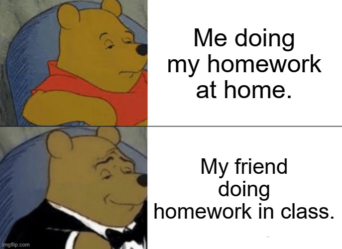 Homework | Me doing my homework at home. My friend doing homework in class. | image tagged in memes,tuxedo winnie the pooh | made w/ Imgflip meme maker
