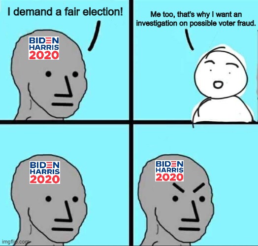 I demand a fair election (as long as my candidate is the winner) | Me too, that's why I want an investigation on possible voter fraud. I demand a fair election! | image tagged in npc meme,election 2020,voter fraud,liberal hypocrisy | made w/ Imgflip meme maker