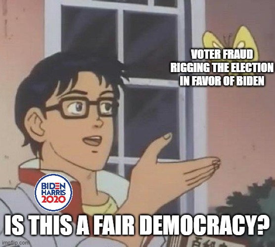 Voter fraud is ok if it's my candidate | VOTER FRAUD RIGGING THE ELECTION IN FAVOR OF BIDEN; IS THIS A FAIR DEMOCRACY? | image tagged in memes,is this a pigeon,election 2020,liberal hypocrisy,voter fraud | made w/ Imgflip meme maker
