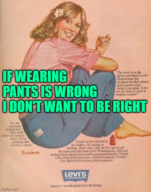 Wearing Pants | IF WEARING PANTS IS WRONG
I DON'T WANT TO BE RIGHT | image tagged in vintage,advertisement,women,pants,sayings,funny memes | made w/ Imgflip meme maker