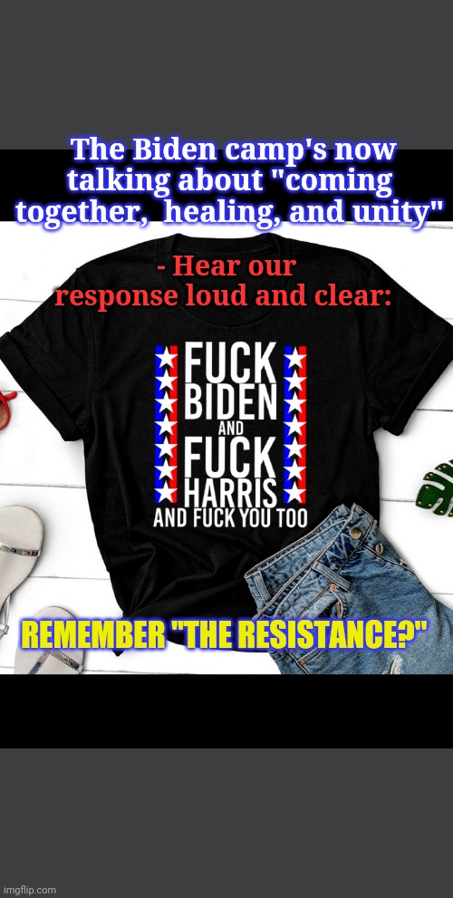 KARMA'S A BITCH! | The Biden camp's now talking about "coming together,  healing, and unity"; - Hear our response loud and clear:; REMEMBER "THE RESISTANCE?" | image tagged in stupid liberals | made w/ Imgflip meme maker
