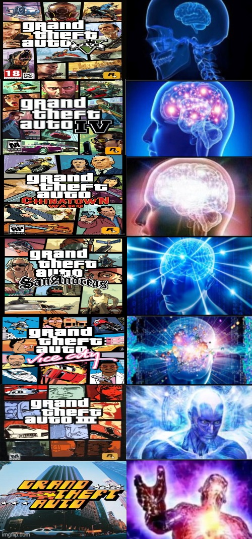 gta 1 is best | image tagged in 7-tier expanding brain,memes,funny,grand theft auto | made w/ Imgflip meme maker