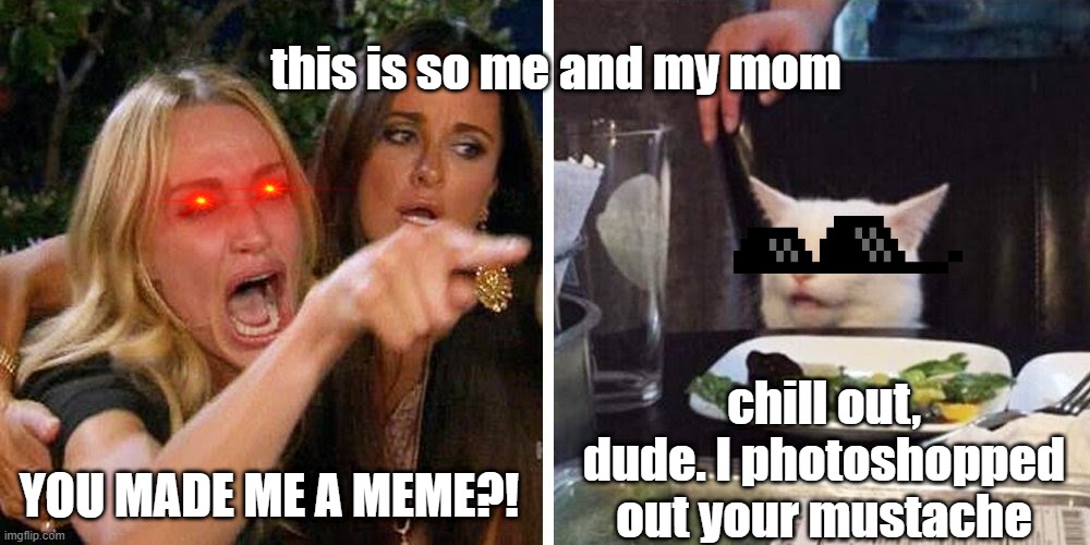me and mom | this is so me and my mom; chill out, dude. I photoshopped out your mustache; YOU MADE ME A MEME?! | image tagged in parents,this is me not caring,smudge the cat,woman yelling at smudge the cat | made w/ Imgflip meme maker