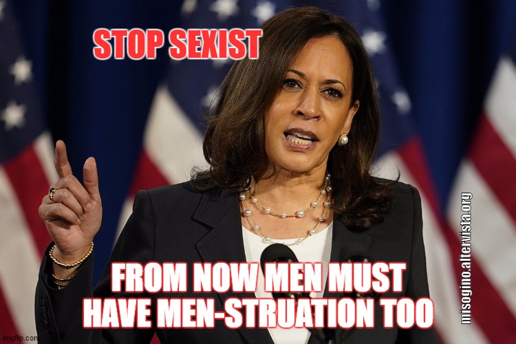 stop sexist | STOP SEXIST; misogino.altervista.org; FROM NOW MEN MUST HAVE MEN-STRUATION TOO | image tagged in stop,sexist,kamala harris | made w/ Imgflip meme maker