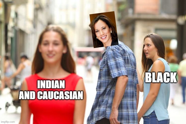 Half as black as Obama | BLACK; INDIAN AND CAUCASIAN | image tagged in memes,distracted boyfriend,kamala harris,diversity,affirmative action | made w/ Imgflip meme maker