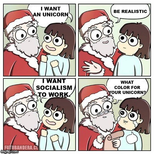 Socialism is a scam. Those who deny individual rights cannot claim to be defenders of minorities. | BE REALISTIC; I WANT AN UNICORN; I WANT SOCIALISM TO WORK. WHAT COLOR FOR YOUR UNICORN? | image tagged in santa wish dragon,memes,socialism,politics | made w/ Imgflip meme maker