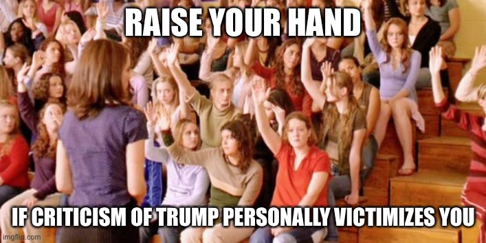 If you do, you might be in a cult | RAISE YOUR HAND; IF CRITICISM OF TRUMP PERSONALLY VICTIMIZES YOU | image tagged in raise your hand if you have ever been personally victimized by r | made w/ Imgflip meme maker