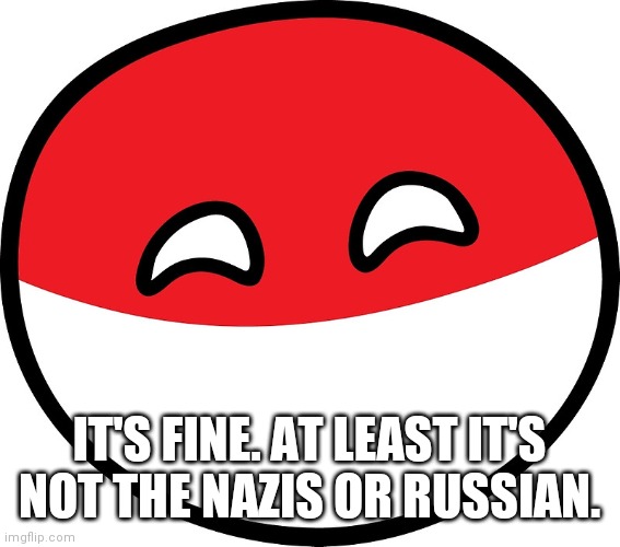 Polandball | IT'S FINE. AT LEAST IT'S NOT THE NAZIS OR RUSSIAN. | image tagged in polandball | made w/ Imgflip meme maker