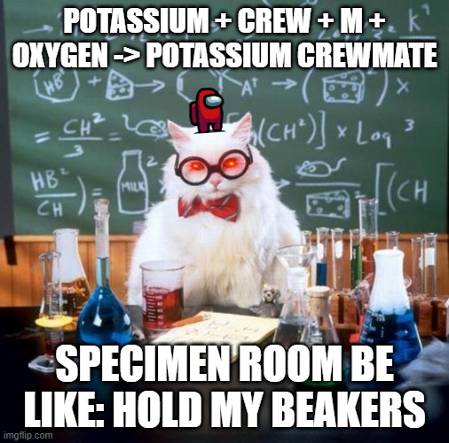 Chemistry Cat Meme | POTASSIUM + CREW + M + OXYGEN -> POTASSIUM CREWMATE; SPECIMEN ROOM BE LIKE: HOLD MY BEAKERS | image tagged in memes,chemistry cat,among us,crewmate,funny,science | made w/ Imgflip meme maker