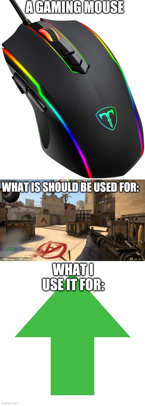 Image Title is Image Title | A GAMING MOUSE; WHAT IS SHOULD BE USED FOR:; WHAT I USE IT FOR: | image tagged in imgflip upvote | made w/ Imgflip meme maker