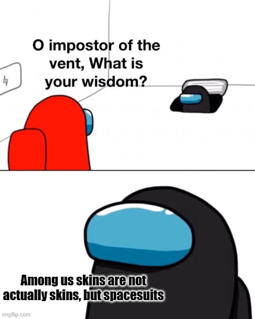 O impostor of the vent, what is your wisdom? | Among us skins are not actually skins, but spacesuits | image tagged in o impostor of the vent what is your wisdom | made w/ Imgflip meme maker