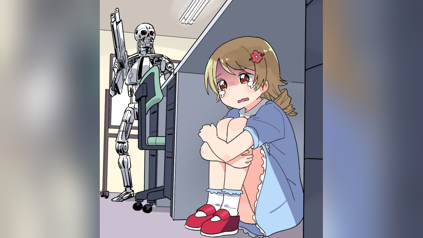 Anime Girl Hiding From a Terminator Blank Meme Template