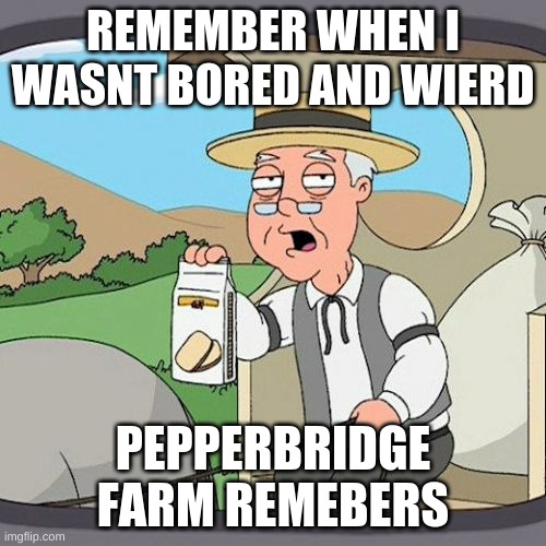bb | REMEMBER WHEN I WASNT BORED AND WIERD; PEPPERBRIDGE FARM REMEBERS | image tagged in memes,pepperidge farm remembers | made w/ Imgflip meme maker