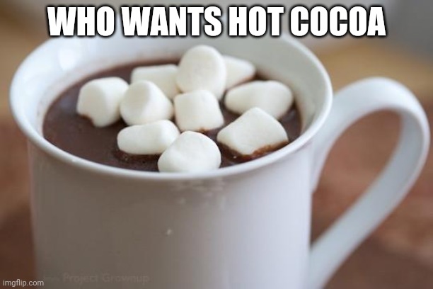 Hot cocoa  | WHO WANTS HOT COCOA | image tagged in hot cocoa | made w/ Imgflip meme maker