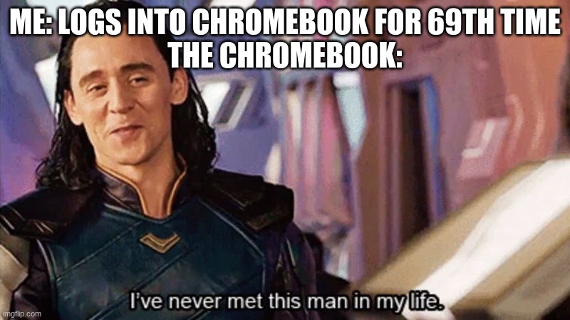 I Have Never Met This Man In My Life | ME: LOGS INTO CHROMEBOOK FOR 69TH TIME
THE CHROMEBOOK: | image tagged in i have never met this man in my life | made w/ Imgflip meme maker