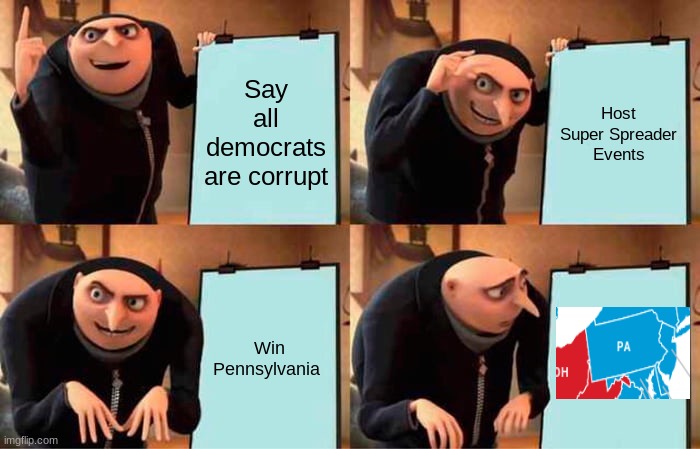 Gru's Plan Meme | Say all democrats are corrupt; Host Super Spreader Events; Win Pennsylvania | image tagged in memes,gru's plan,democrats,election,politics,biden | made w/ Imgflip meme maker