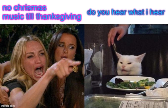 Woman Yelling At Cat Meme | no chrismas music till thanksgiving; do you hear what i hear | image tagged in memes,woman yelling at cat | made w/ Imgflip meme maker