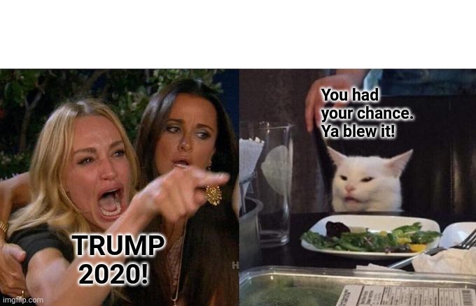 Woman Yelling At Cat Meme | You had
            your chance.
            Ya blew it! TRUMP 
 2020! | image tagged in memes,woman yelling at cat | made w/ Imgflip meme maker