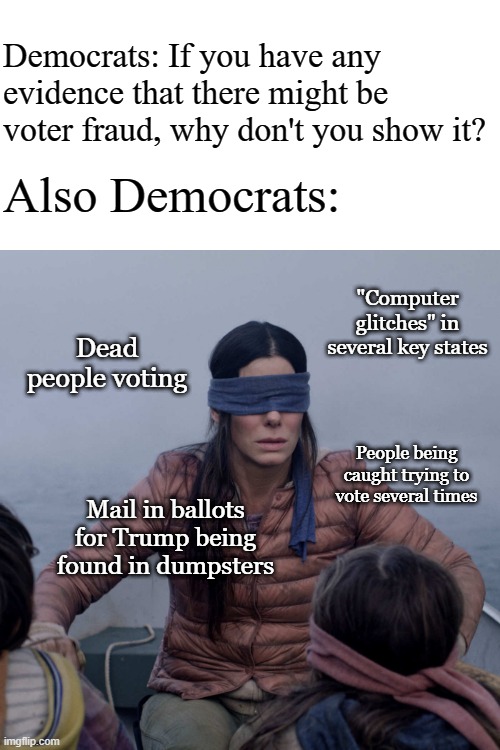 Bird Box Meme | Democrats: If you have any evidence that there might be voter fraud, why don't you show it? Also Democrats:; "Computer glitches" in several key states; Dead people voting; People being caught trying to vote several times; Mail in ballots for Trump being found in dumpsters | image tagged in memes,bird box | made w/ Imgflip meme maker