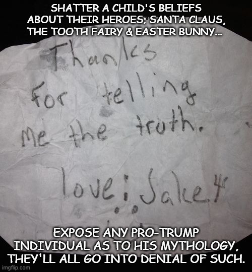 Children are wiser than many adults | SHATTER A CHILD'S BELIEFS ABOUT THEIR HEROES; SANTA CLAUS, THE TOOTH FAIRY & EASTER BUNNY... EXPOSE ANY PRO-TRUMP INDIVIDUAL AS TO HIS MYTHOLOGY, THEY'LL ALL GO INTO DENIAL OF SUCH. | image tagged in truth vs fiction,trump,election 2020,political ideology,mythology | made w/ Imgflip meme maker