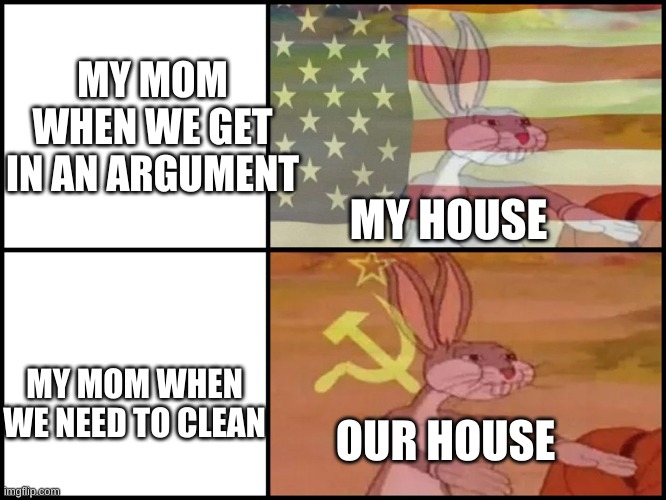 Capitalist and communist | MY MOM WHEN WE GET IN AN ARGUMENT; MY HOUSE; MY MOM WHEN WE NEED TO CLEAN; OUR HOUSE | image tagged in capitalist and communist | made w/ Imgflip meme maker