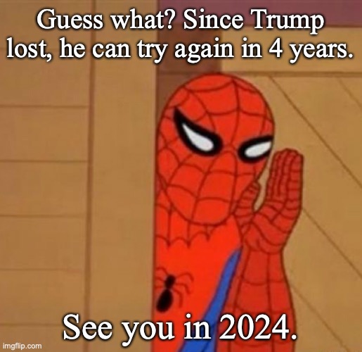 Spider-Man Whisper | Guess what? Since Trump lost, he can try again in 4 years. See you in 2024. | image tagged in spider-man whisper,donald trump,republican party | made w/ Imgflip meme maker
