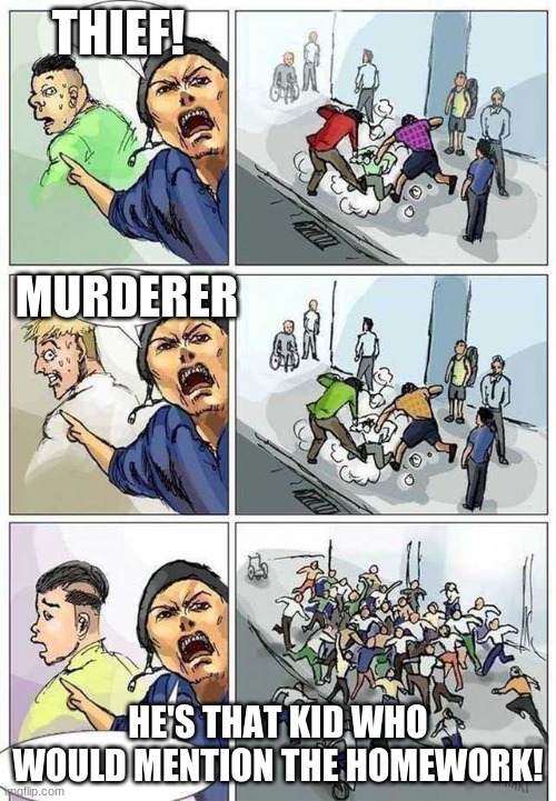 this always get me triggered | THIEF! MURDERER; HE'S THAT KID WHO WOULD MENTION THE HOMEWORK! | image tagged in thief murderer,memes | made w/ Imgflip meme maker