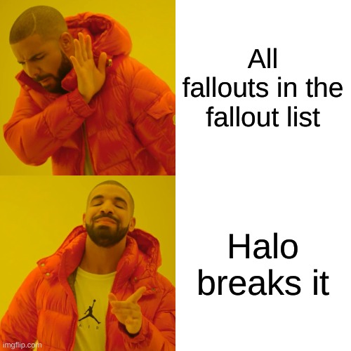 Drake Hotline Bling Meme | All fallouts in the fallout list Halo breaks it | image tagged in memes,drake hotline bling | made w/ Imgflip meme maker