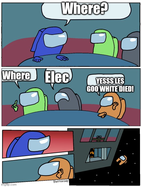 Me when my greatest enemy dies | Where? Elec; Where; YESSS LES GOO WHITE DIED! | image tagged in among us meeting | made w/ Imgflip meme maker