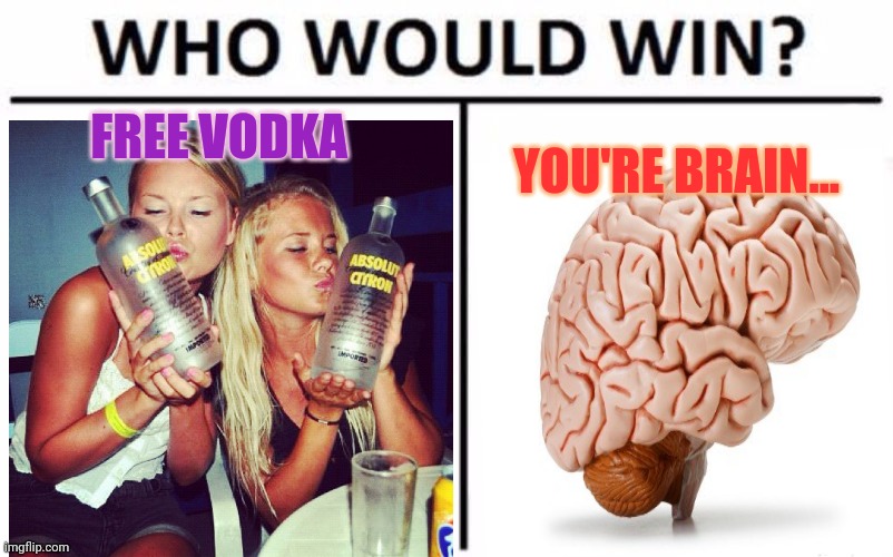 Alcohol is bad! | FREE VODKA; YOU'RE BRAIN... | image tagged in memes,who would win,vodka,brain | made w/ Imgflip meme maker