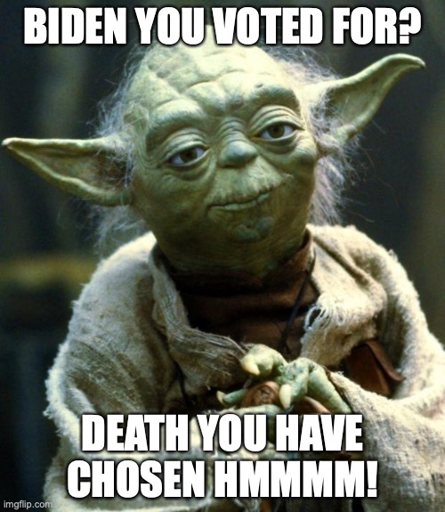 LIFE OF VOTING WITH YODA! | BIDEN YOU VOTED FOR? DEATH YOU HAVE CHOSEN HMMMM! | image tagged in memes,star wars yoda | made w/ Imgflip meme maker