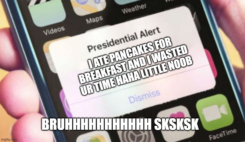 Presidential Alert | I ATE PANCAKES FOR BREAKFAST AND I WASTED UR TIME HAHA LITTLE NOOB; BRUHHHHHHHHHHH SKSKSK | image tagged in memes,presidential alert | made w/ Imgflip meme maker