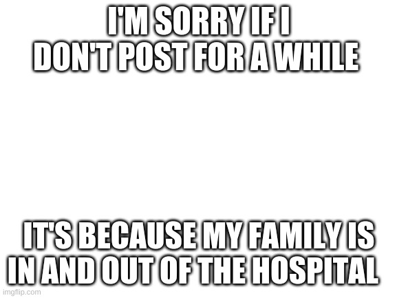 Sorry | I'M SORRY IF I DON'T POST FOR A WHILE; IT'S BECAUSE MY FAMILY IS IN AND OUT OF THE HOSPITAL | image tagged in blank white template,love y'all | made w/ Imgflip meme maker
