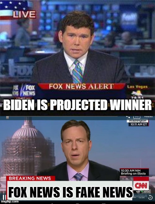 BIDEN IS PROJECTED WINNER; FOX NEWS IS FAKE NEWS | image tagged in fox news alert,cnn breaking news template | made w/ Imgflip meme maker