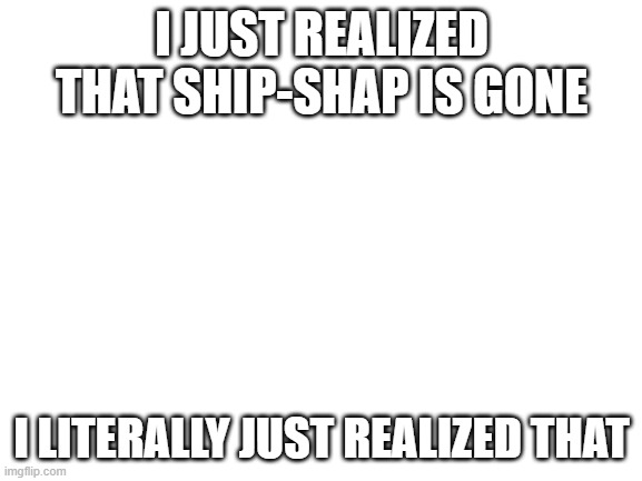 he could've been gone for a few months and I JUST realized that! | I JUST REALIZED THAT SHIP-SHAP IS GONE; I LITERALLY JUST REALIZED THAT | image tagged in blank white template | made w/ Imgflip meme maker