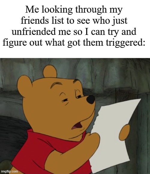 Winnie the Pooh reading | Me looking through my friends list to see who just unfriended me so I can try and figure out what got them triggered: | image tagged in winnie the pooh reading | made w/ Imgflip meme maker