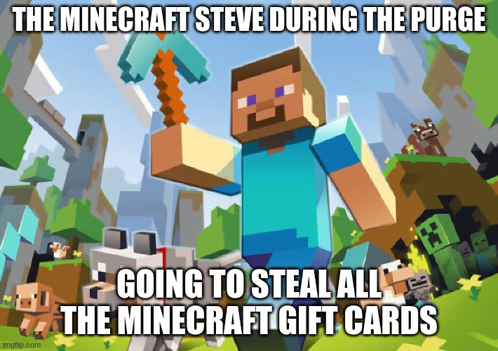 Minecraft  | THE MINECRAFT STEVE DURING THE PURGE; GOING TO STEAL ALL THE MINECRAFT GIFT CARDS | image tagged in minecraft | made w/ Imgflip meme maker