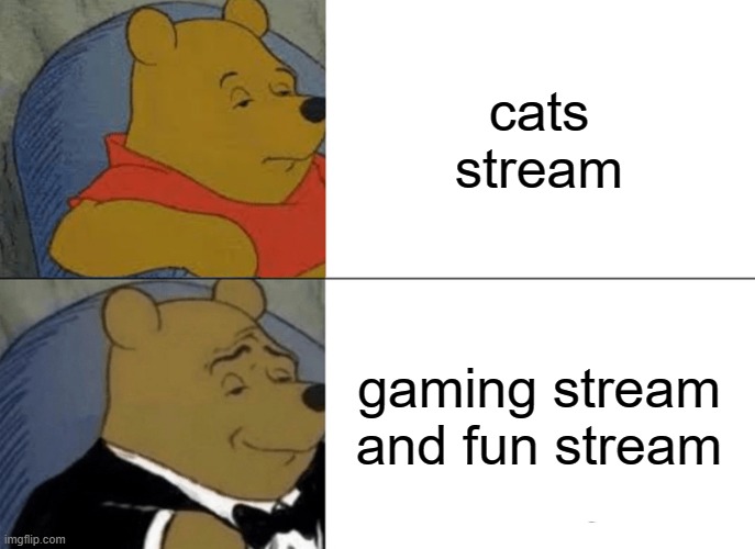 Tuxedo Winnie The Pooh | cats stream; gaming stream and fun stream | image tagged in memes,tuxedo winnie the pooh,cats | made w/ Imgflip meme maker