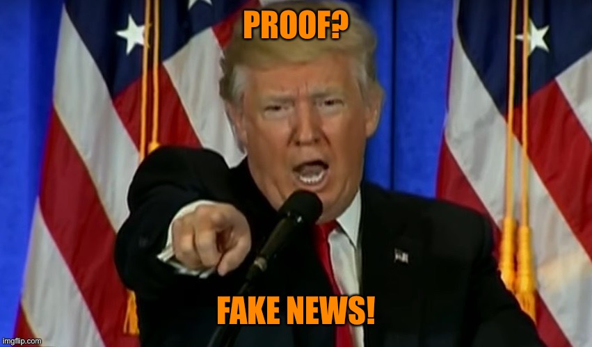 Trump Fake News  | PROOF? FAKE NEWS! | image tagged in trump fake news | made w/ Imgflip meme maker