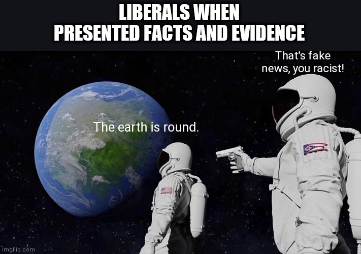 Always has been | LIBERALS WHEN PRESENTED FACTS AND EVIDENCE; That's fake news, you racist! The earth is round. | image tagged in memes,always has been,liberals,fake news | made w/ Imgflip meme maker